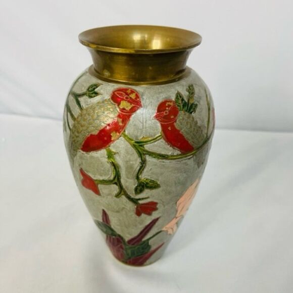 chinese cloisonne brass enamel Vase Gray Floral Birds 7.5" Very Good condition - - Picture 3 of 7